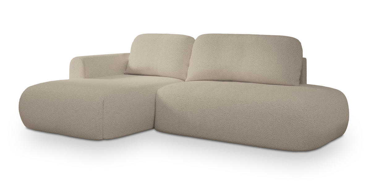 ECKSOFA NUVIRA L-S Beige Boucle-Stoff mit Schlaffunktion - Beige, Holz (274/165cm) - MASSENO