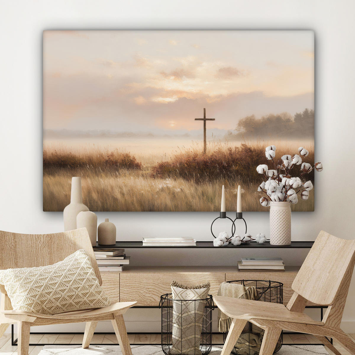 LEINWANDBILD Gras - Morgennebel - Kreuz - Christentum Wohnzimmer Groß 120x80 cm - Beige, Textil (120/80cm) - MuchoWow