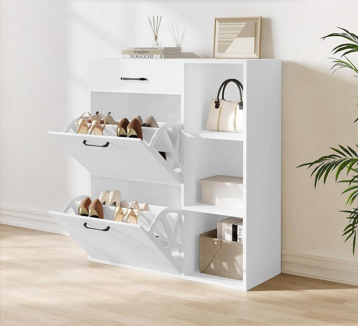 SCHUHSCHRANK mit 2 Klappfächern, Weiß - Weiß, Holzwerkstoff/Kunststoff (80/90/30cm) - Woltu