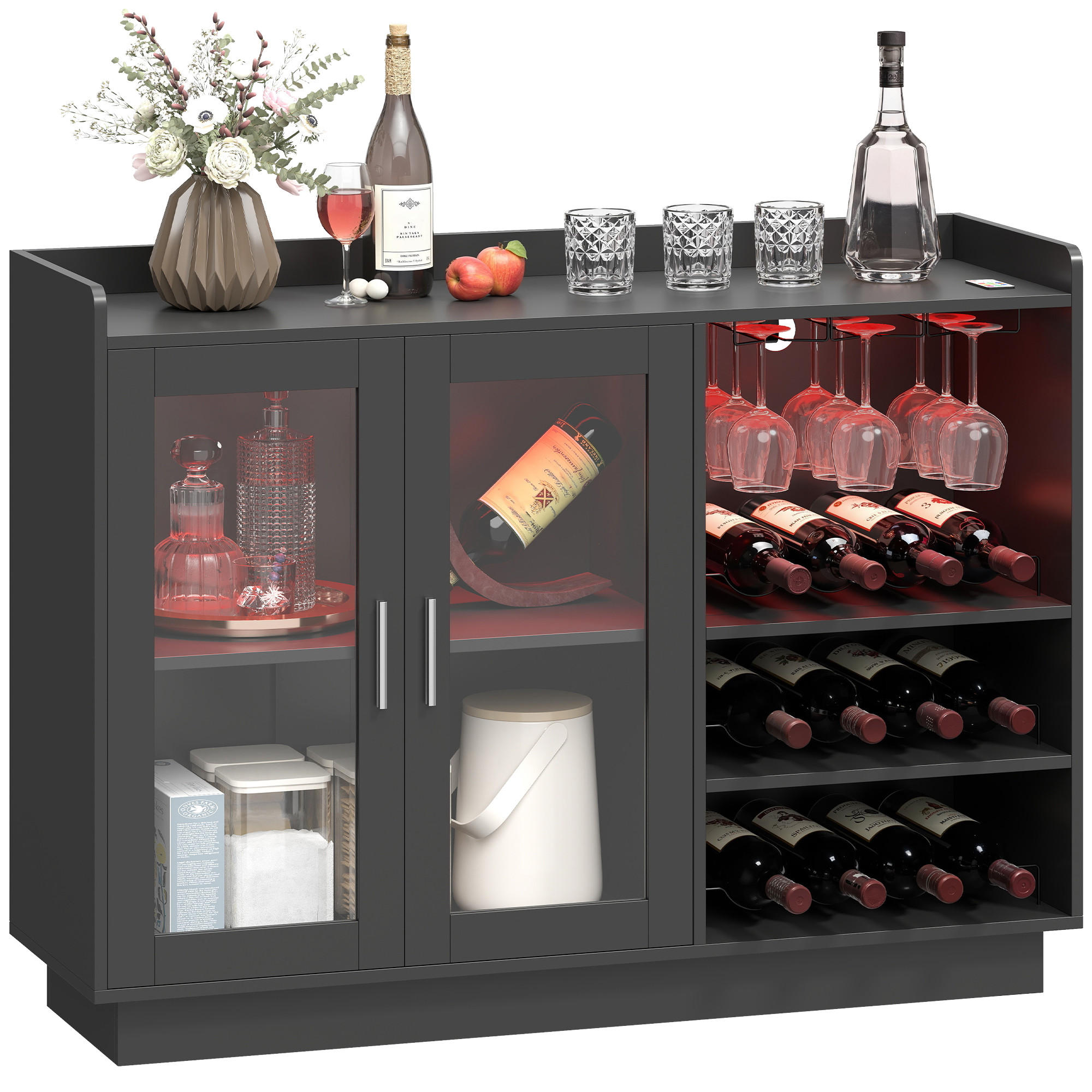 WEINREGAL, LED, verstellbarer Boden, Holz/Glas, schwarz, 120x38x88cm - Multicolor, Metall (120/88/38cm) - FORIOUS