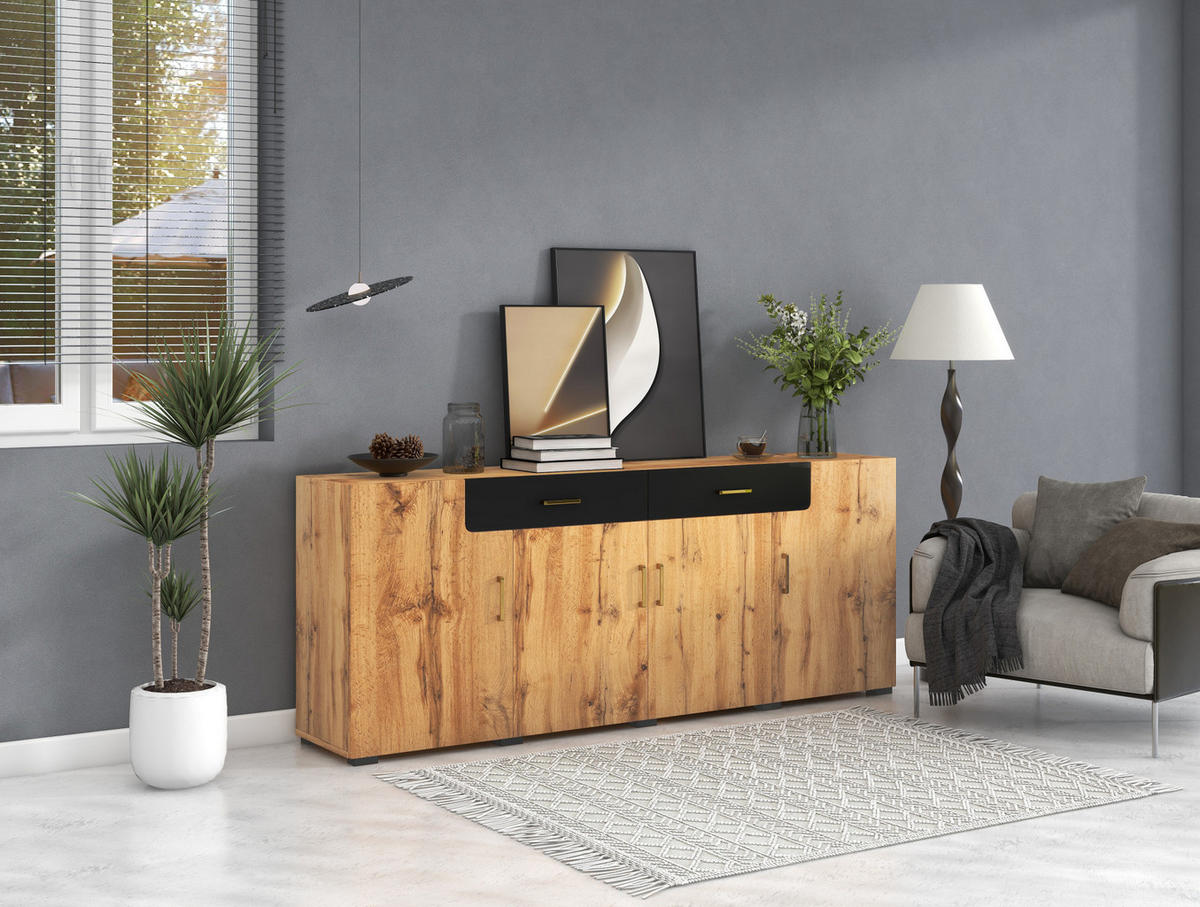 SIDEBOARD 208/39,5/80 cm, 2 Schubladen und 4 Türen, braun/weiß-marmoriertes Design, Spanplatte/MDF, braun/weiß - Braun, Holzwerkstoff (208/80/39.5cm) - Redom