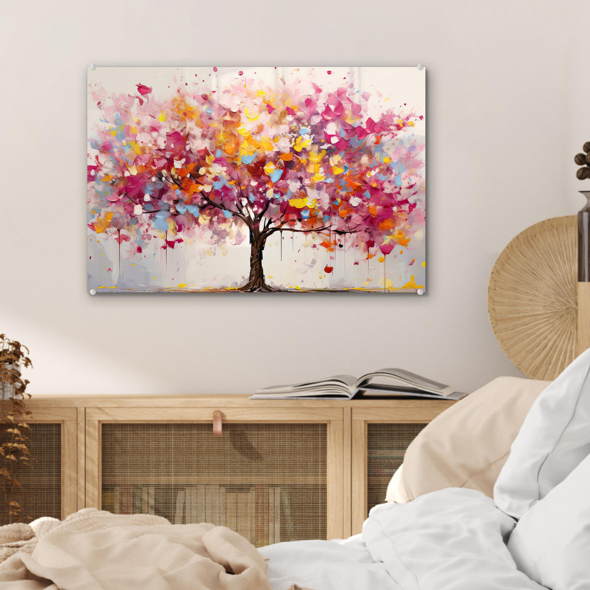 ACRYLGLASBILD Aquarell - Baum - Kunst - Abstrakt 60x40 cm - Multicolor, Glas (60/40cm) - MuchoWow