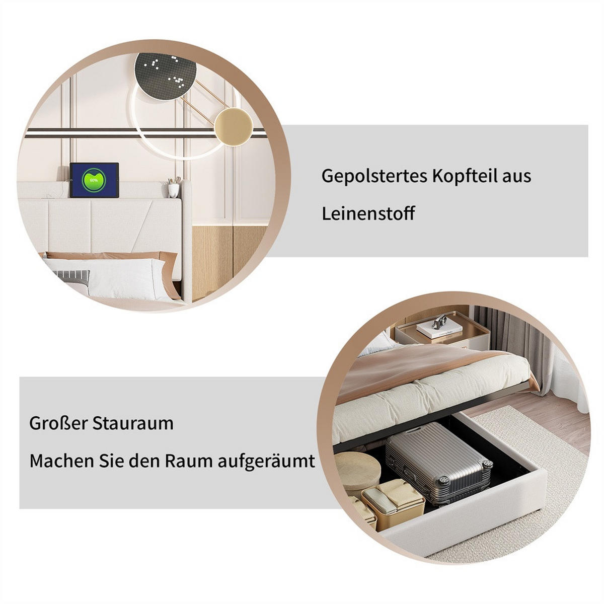 POLSTERBETT 140x200 cm - Hydraulisches Stauraumbett mit USB- und Type-C-Ladefunktion - ohne Matratze - Beige - Beige, Textil (140/200cm) - DELFA