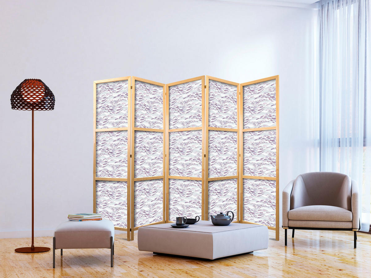 PARAVENT Japanischer 5-tlg 225x172 cm Violette Fische - Lila, Holz/Textil (225/172/3cm) - Muralo