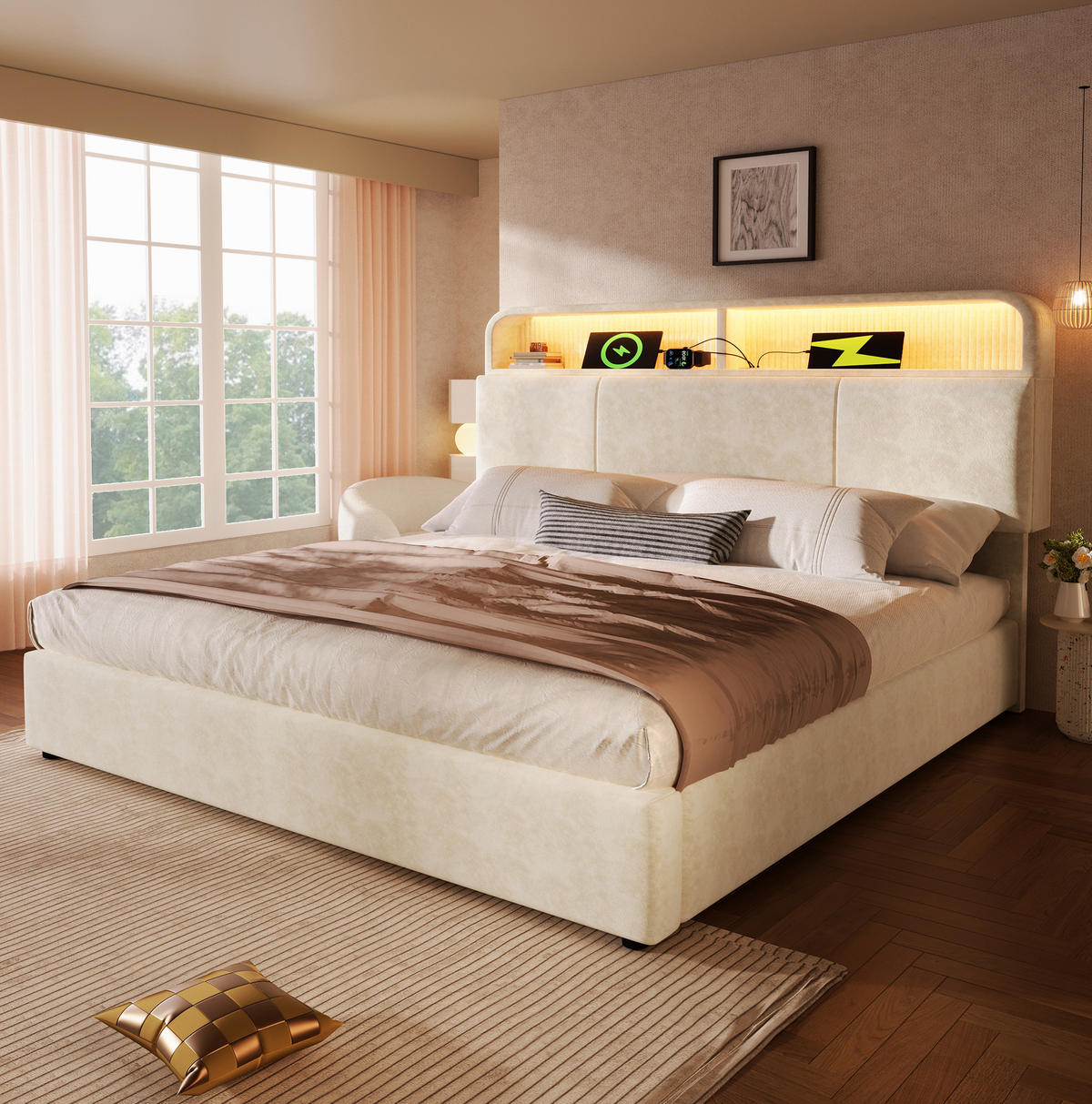 POLSTERBETT aus Samt 140x190 cm Beige mit Bettkasten, LED-Beleuchtung und USB-/Type-C-Ladestation - Beige, Textil (140/190cm) - IVMEU