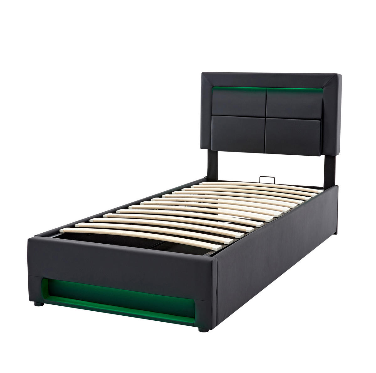 POLSTERBETT mit USB, LED und Stauraum 90x200 cm PU Schwarz - Schwarz, Metall (90/200cm) - Meubliv