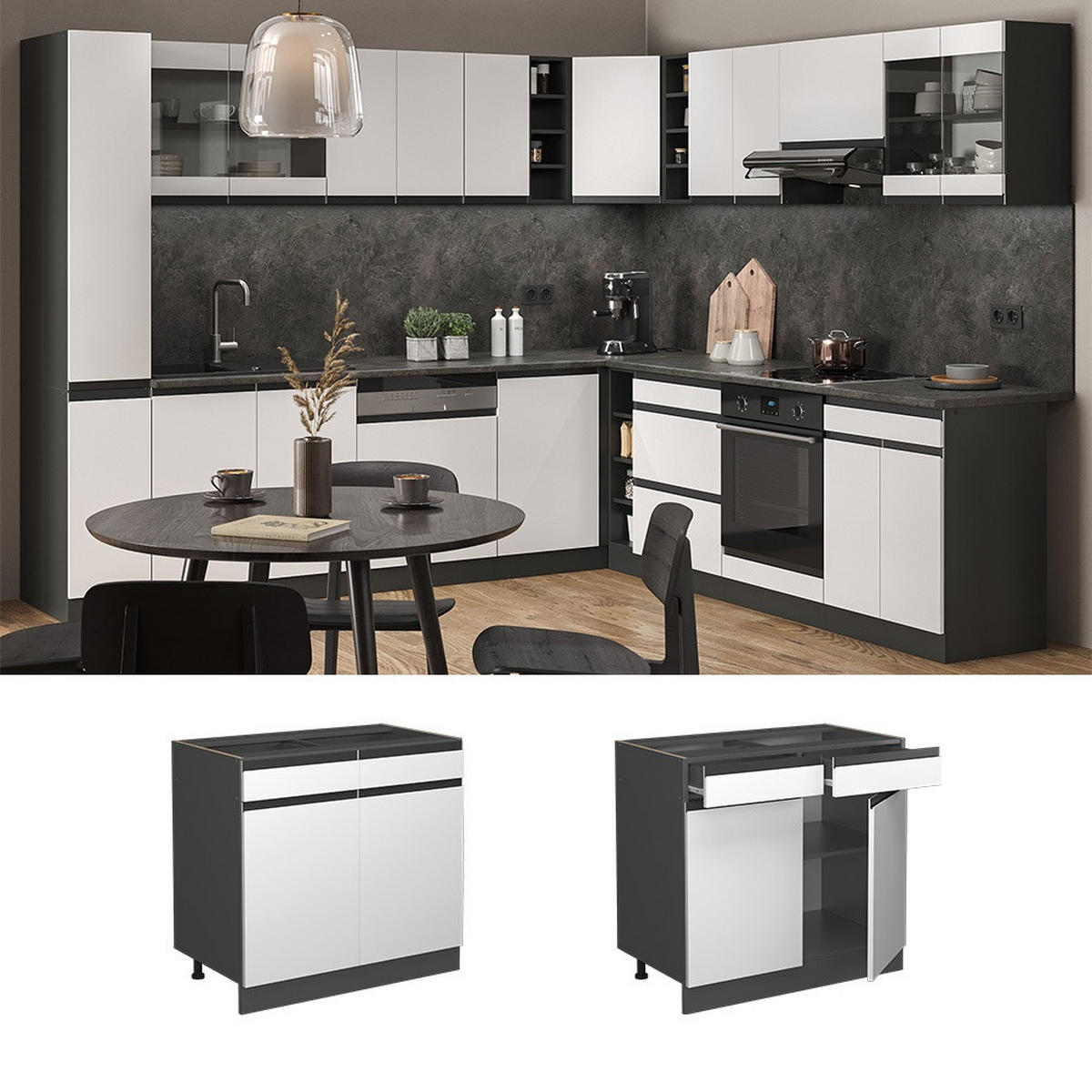 KÜCHENUNTERSCHRANK R-Line Weiß 80 cm J-Shape, AP Eiche - Anthrazit/Weiß, Holzwerkstoff (80/81.6/60cm) - Vicco