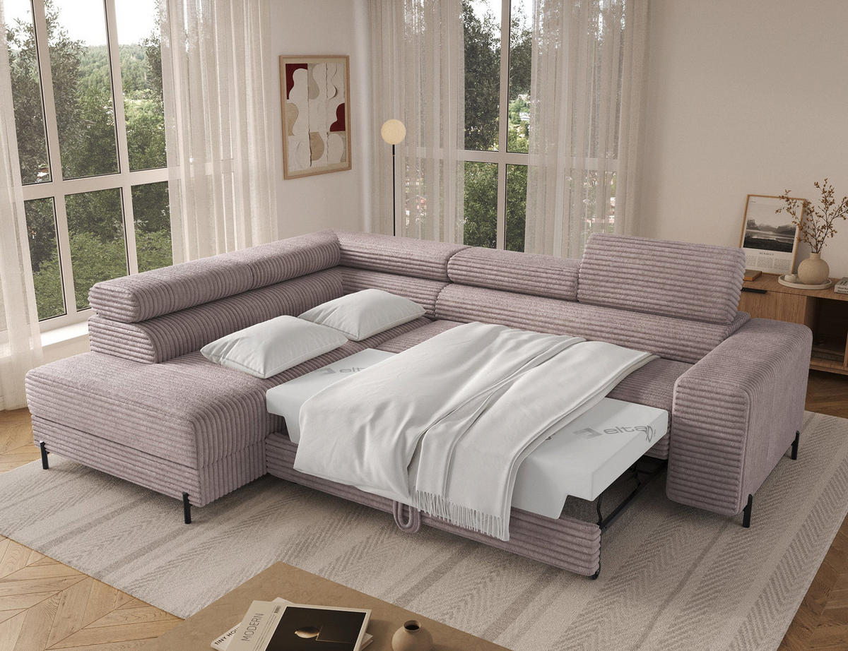 ECKSOFA COLESIO L-Form, Schlaffunktion, Bettkasten, verstellbare Kopfstützen, Wellenfederung, Metallfüße, breiter Cordstoff - Schwarz/Grau, Kunststoff/Metall (269/204cm) - Wohnideebilder