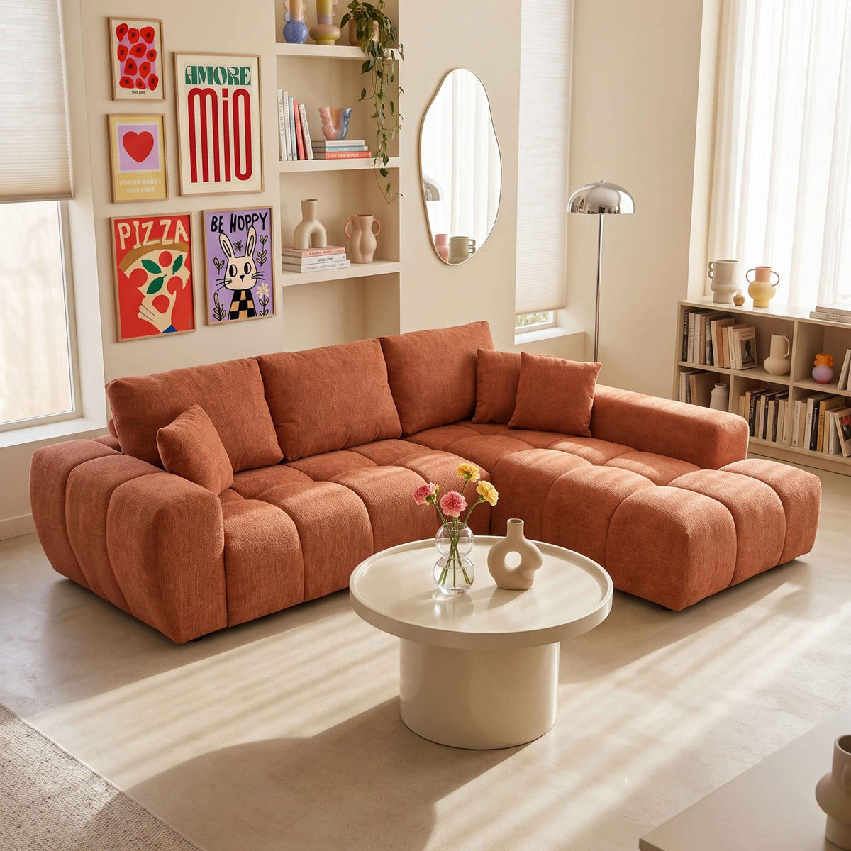 SOFA 3-Sitzer, Terrakotta - Rot, Holz/Textil (270/205cm) - Oviala