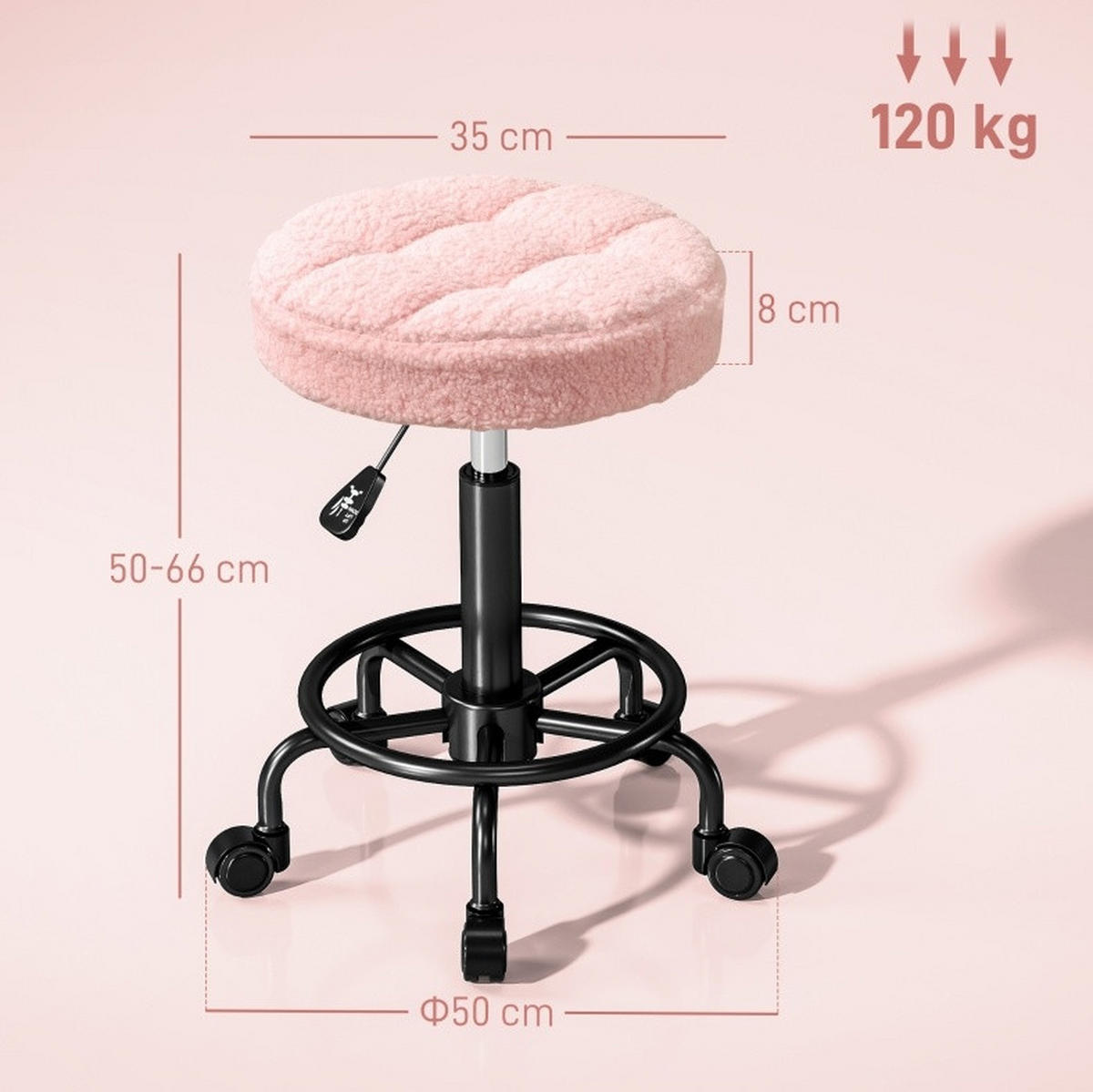 ROLLHOCKER in Rosa 50x50x66 cm, höhenverstellbar von 50–66 cm und um 360° drehbar - Pink, Textil (50/66/50cm) - IVMEU