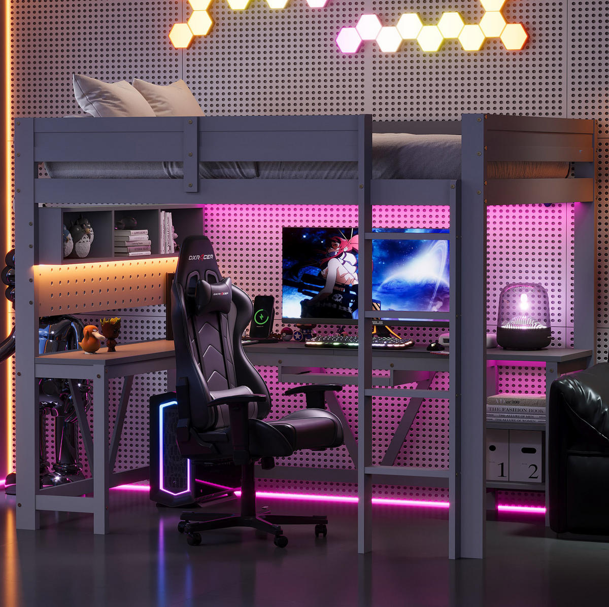 HOCHBETT mit Schreibtisch, Stauraum und LED 90x200 cm Grau, Kiefer/MDF - Grau, Holzwerkstoff (90/200cm) - Beauniv