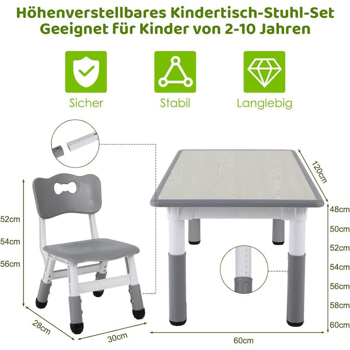 KINDERTISCH- und Stuhl-Set 5-teilig Höhenverstellbar Grau 120 x 60 cm - Grau, Kunststoff (60/60/120cm)