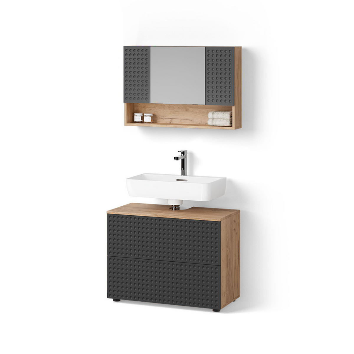 BADMÖBEL-SET Ronco Anthrazit gepunktet 2 Teile, Unterschrank 80 cm - Honigeiche/Anthrazit, Holzwerkstoff (80/58/41cm) - Livinity®