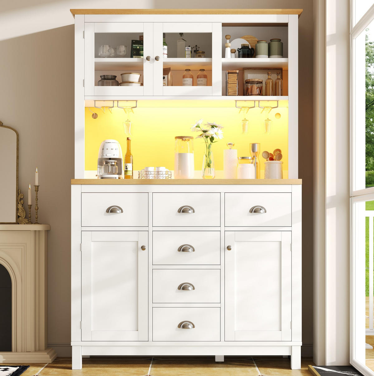 BUFFETSCHRANK 104/40/180 cm Weiß aus MDF mit LED-Lichtleiste - Weiß, Holzwerkstoff (104/180/40cm) - OKWISH