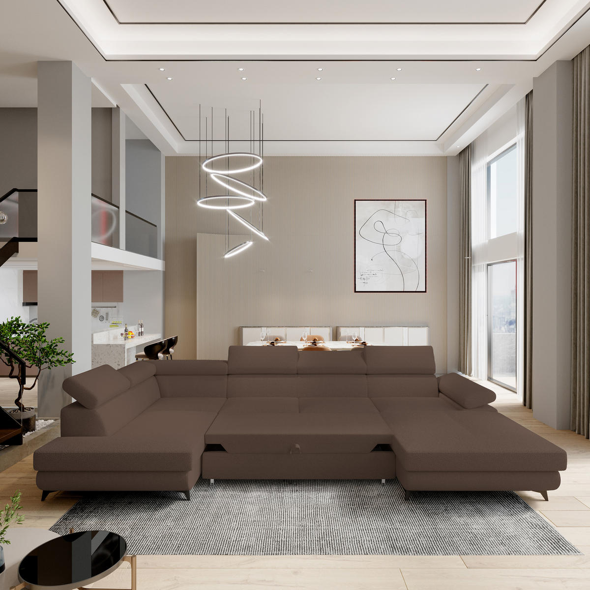 WOHNLANDSCHAFT RUBANO L-S Braun Boucle-Stoff mit Schlaffunktion - Braun, Holz (339/89/190cm) - MASSENO