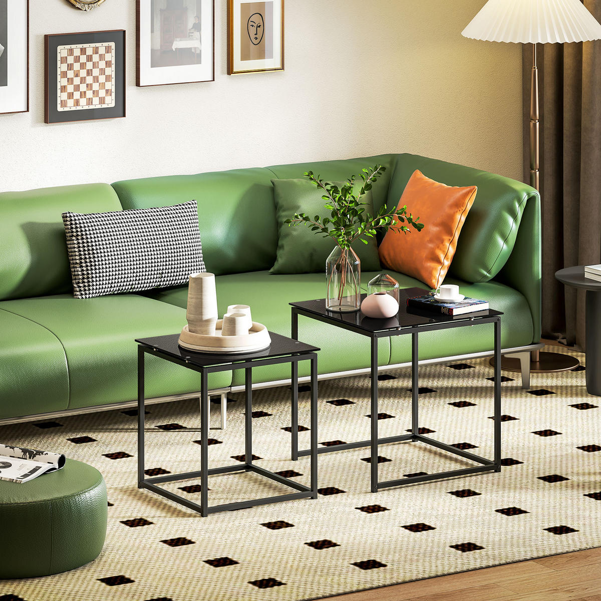 BEISTELLTISCH-SET, Stahl, Glas, Schwarz - Schwarz, Metall (50/50/52cm) - HOMCOM