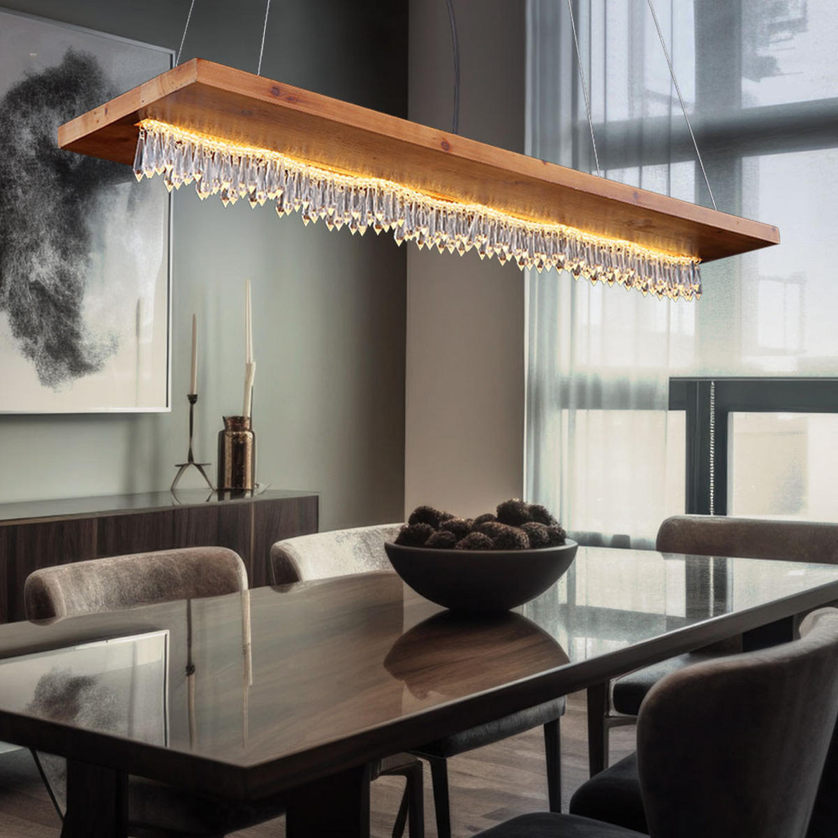 LED HÄNGELEUCHTE Holz Braun Kristalloptik - Braun, Holz (80/20/145cm) - Globo Lighting