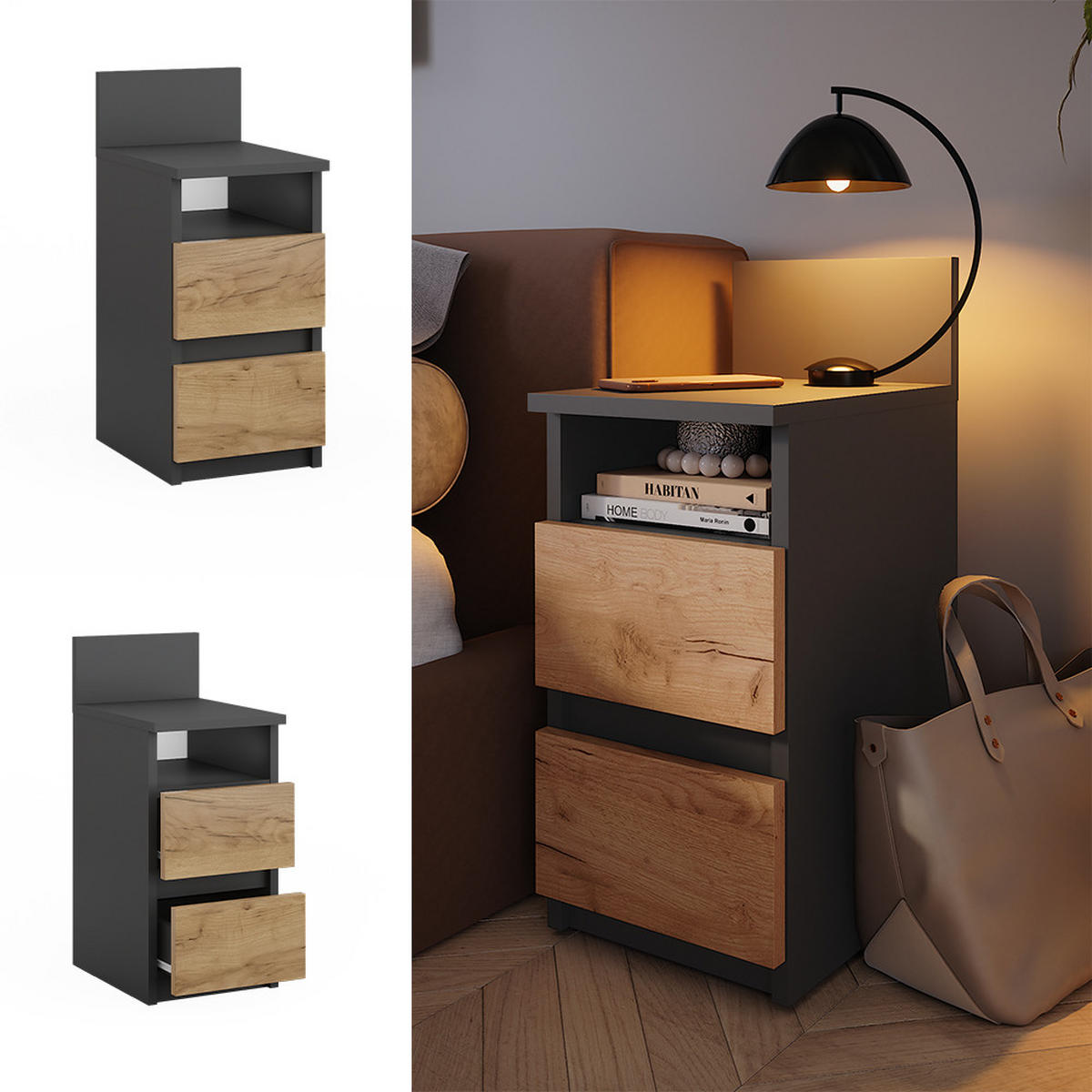 KOMMODE Monty Anthrazit/Goldkraft Eiche 25 x 59.1 cm mit 2 Schubladen - Honigeiche/Anthrazit, Holzwerkstoff (25/59.1/32.3cm) - Vicco