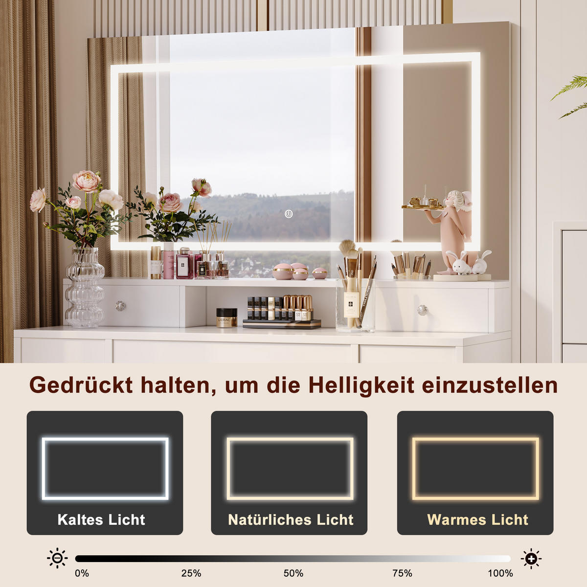SCHMINKTISCH mit Spiegel LED 9 Schubladen Steckdose Weiß - Weiß, Holz (110/150/40cm)