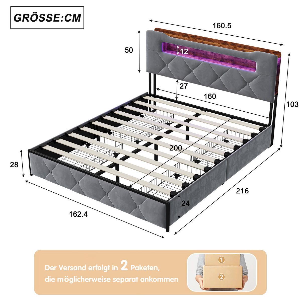 POLSTERBETT 160x200 cm Grau mit 4 Schubladen, LED Beleuchtung, Stauraum Kopfteil mit USB und Typ-C - Grau, Metall (160/200cm) - EuroLiving