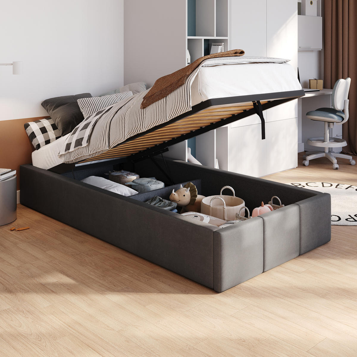 POLSTERBETT für Schlafzimmer Bett mit Stauraum Graphit 90x200cm - Graphitfarben, Holzwerkstoff/Textil (90/200cm) - Muralo