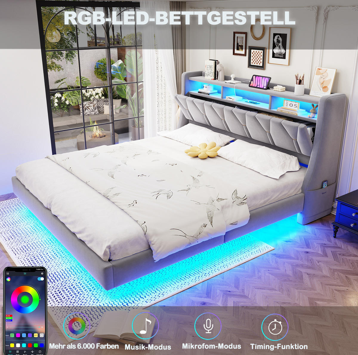 TAPECIRANI krevet 180/200 cm s LED osvjetljenjem, USB i Type-C priključcima te sklopivim uzglavljem, Svijetlosiva - siva, tekstil (180/200cm) - Redom