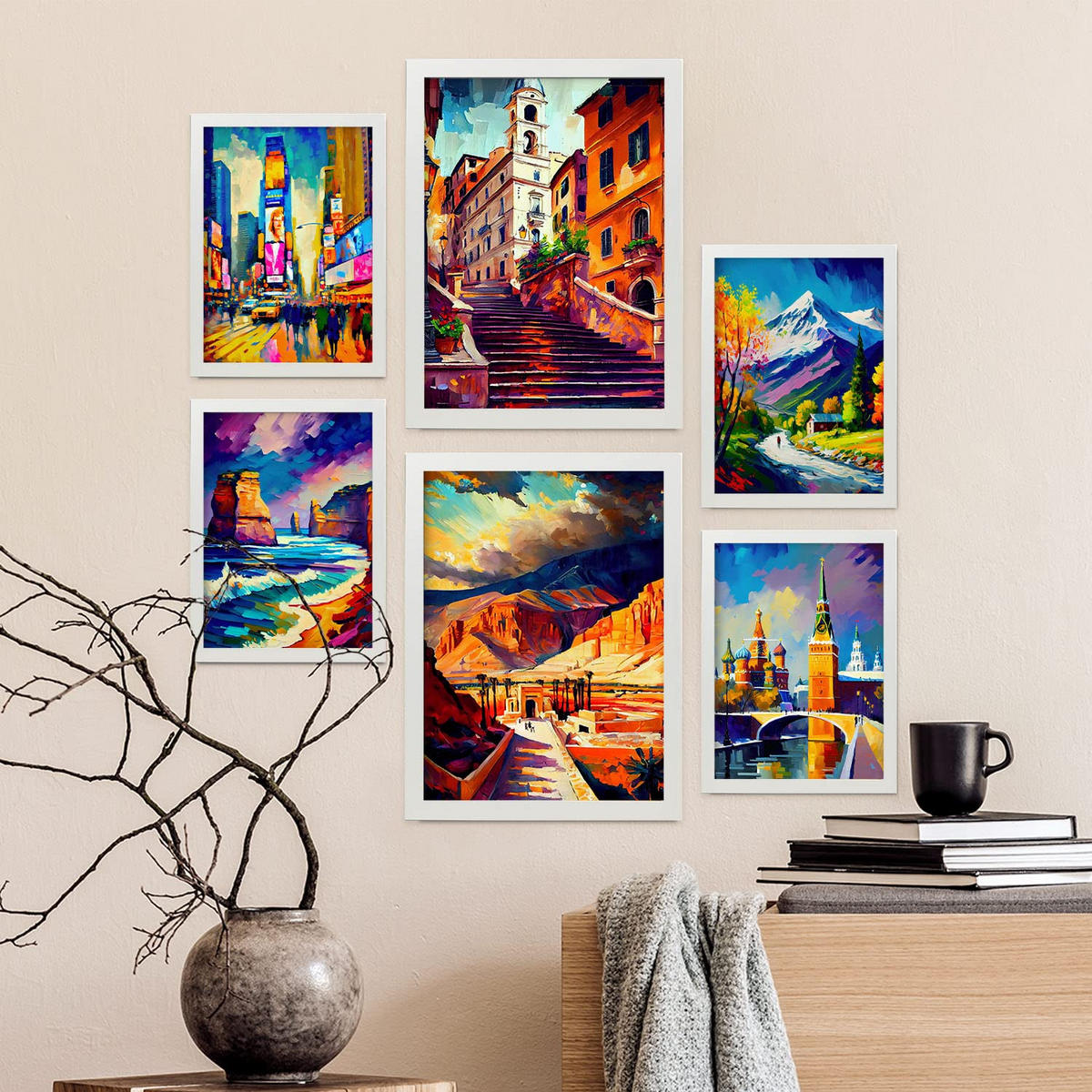 POSTER Set Mit 6 Warm Im Ölgemälde Stil A3 & A4 Weißer Rahmen - Weiß, Papier (29/3cm) - Nacnic