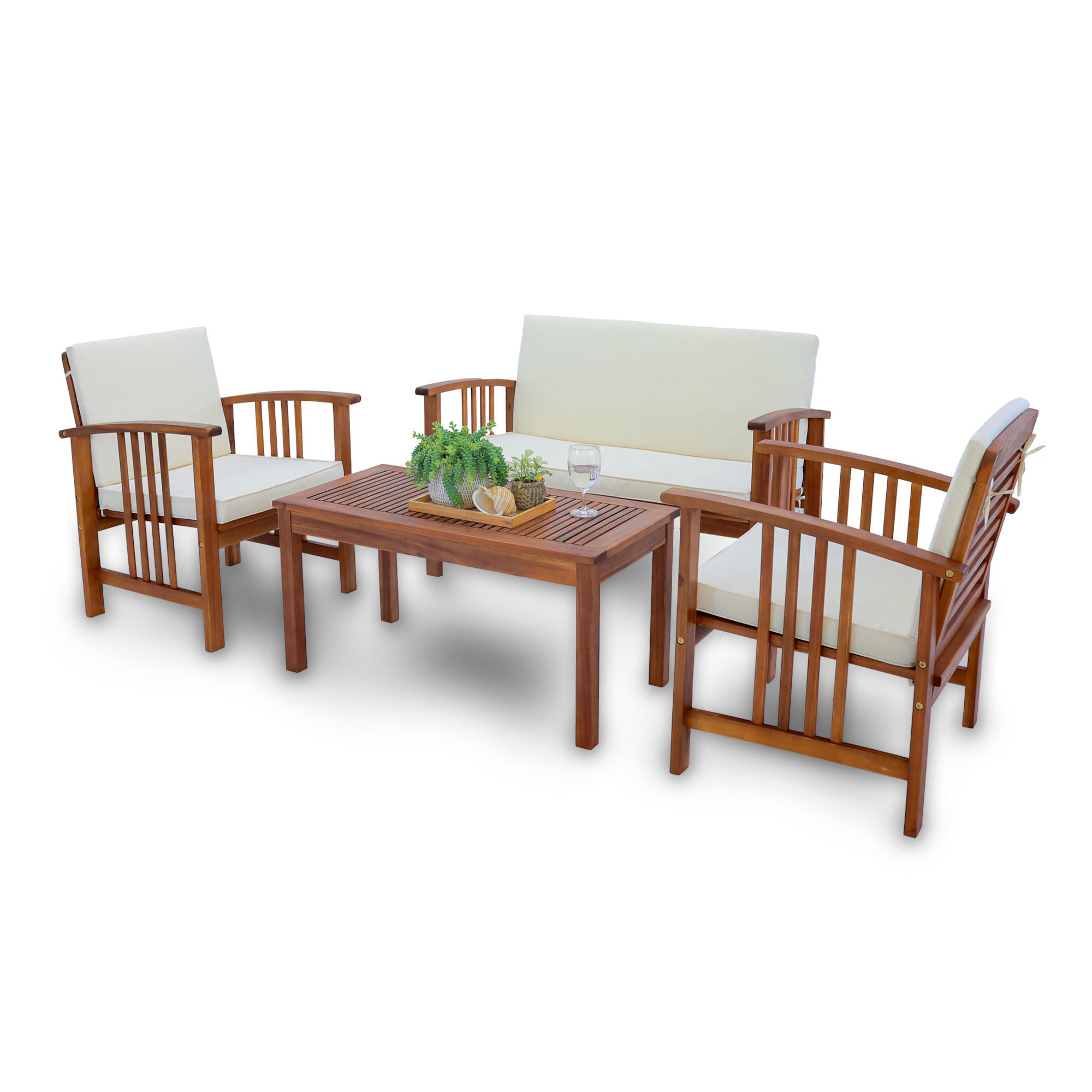 GARTENMÖBEL-SET Brissogne 4 TLG. - Beige/Akaziefarben, Holz/Textil - [en.casa]
