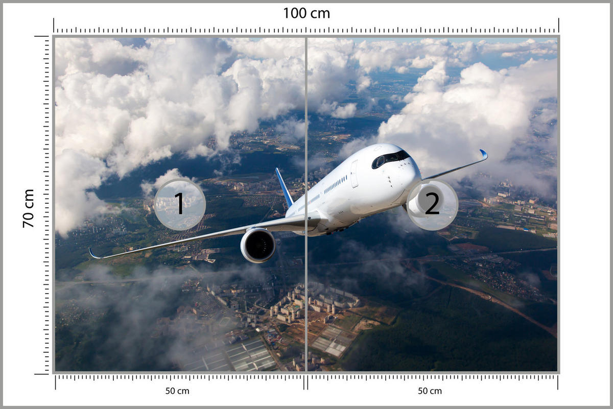 FOTOTAPETA Pre Študentskú Izbu Lietadlo Vzlet Oblaky Obloha 100 x 70 cm - modrá/sivá, papier (100/70cm) - Muralo