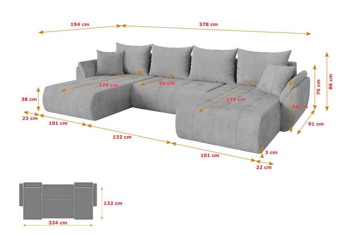 SEDACÍ SOUPRAVA DO U s funkcí spaní a úložným prostorem TOKO-U 378x194x86 šedá manšestr - šedá/černá, kompozitní dřevo/textil (378/86/194cm) - ALTDECOR
