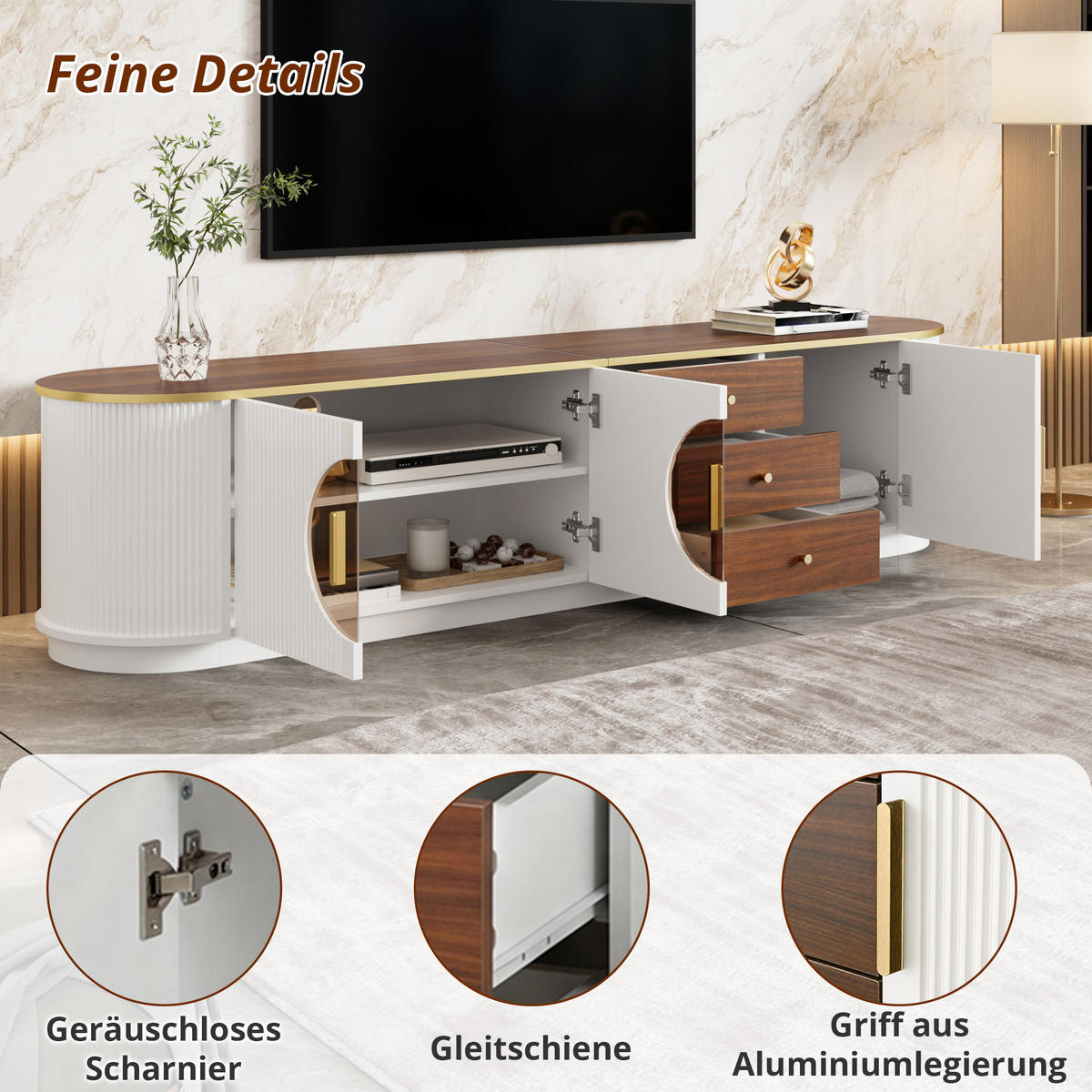 TV-ELEMENT 180/40/46 cm Weiß mit 3 Schubladen und Aluminiumgriffe - Weiß, Holz (180/46/40cm) - Oxeza