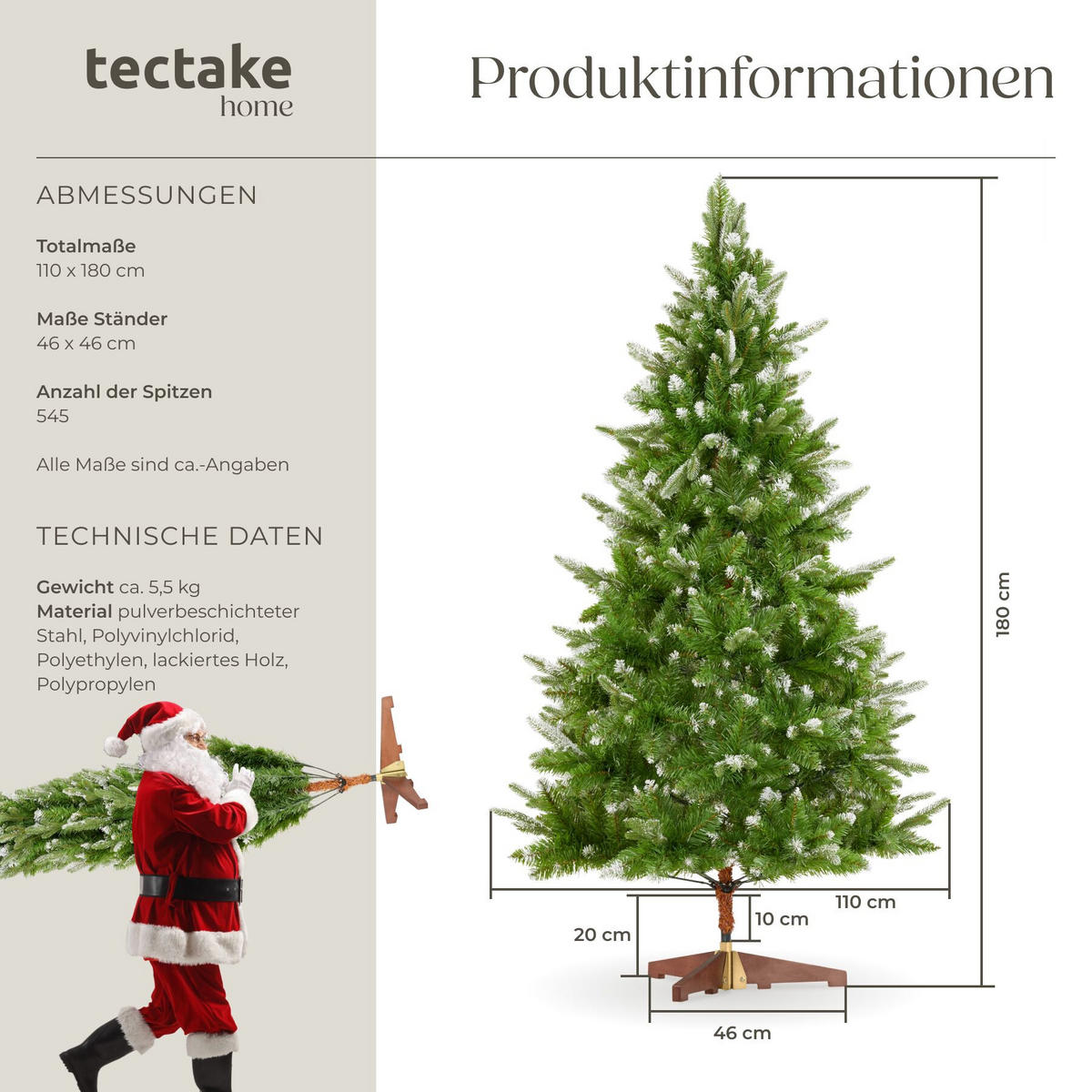WEIHNACHTSBAUM Blitzen , klappbarer Baumständer aus Holz, 110 x 180 cm, grün - Grün, Kunststoff (180cm) - tectake