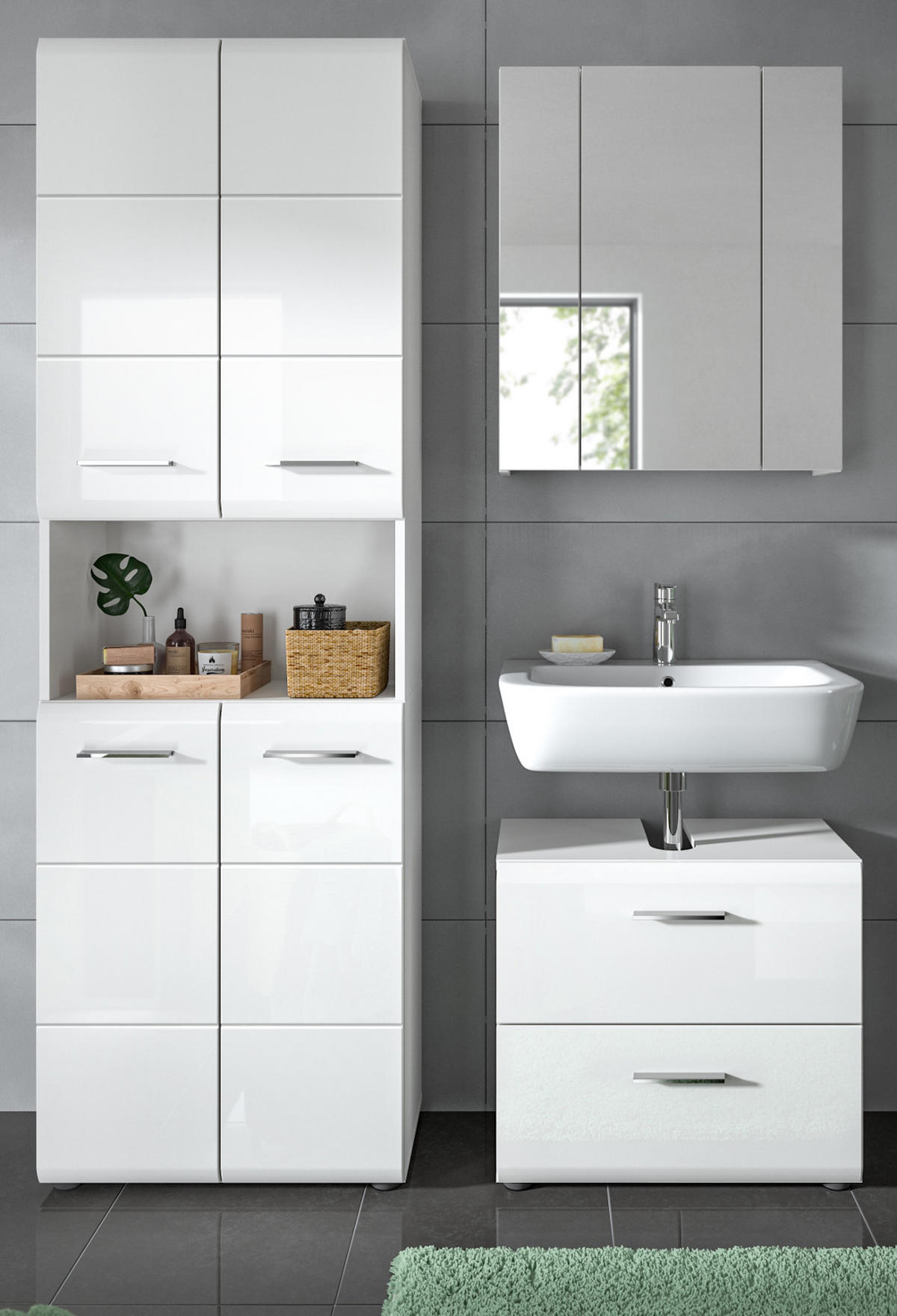 BADMÖBEL Set 3-teilig in weiß Hochglanz Badkombination 135 x 185 cm Cover - Weiß Hochglanz/Silberfarben, Glas/Holzwerkstoff (135/185/30cm) - Inn.Furn