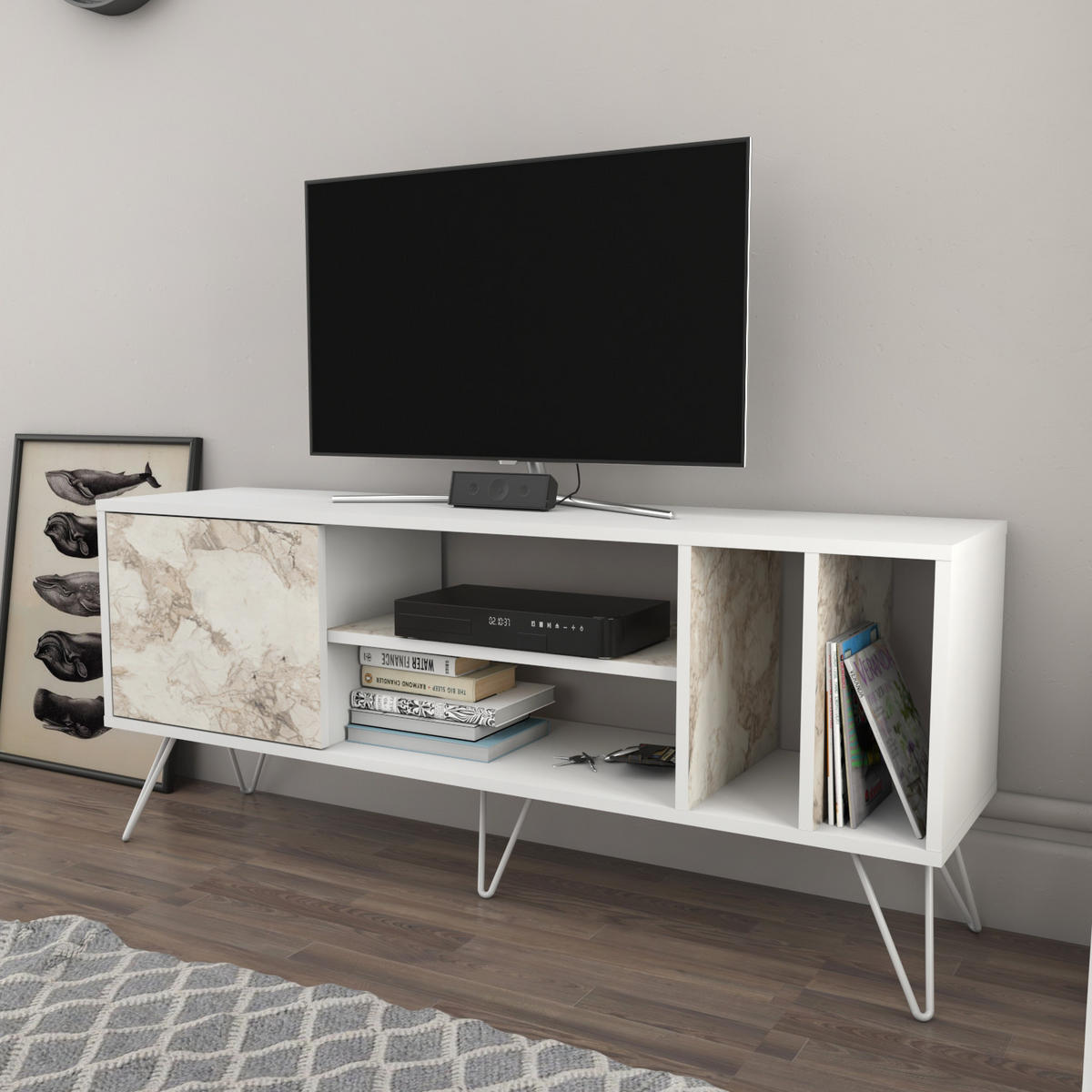 TV-ELEMENT Mictico 140 cm Weiß Marmor Decor - Creme/Weiß, Holzwerkstoff (35.5/58.4/140cm) - Decorotika