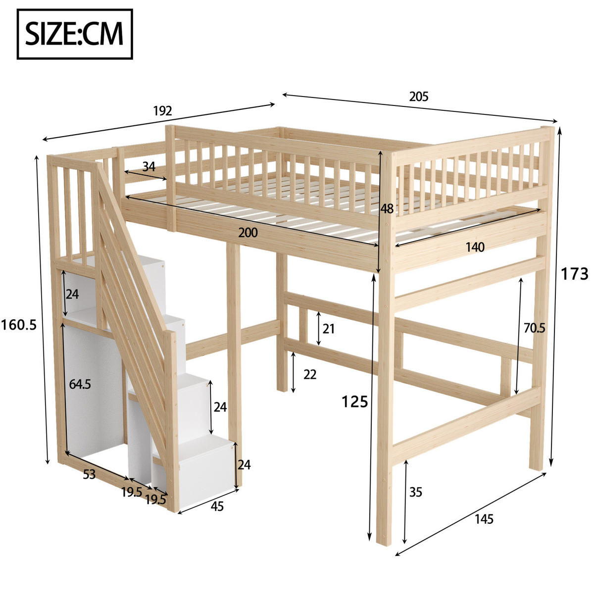 HOCHBETT 140/200 cm mit Stauschrank und Treppe - Naturfarben, Holz (140/200cm) - OKWISH