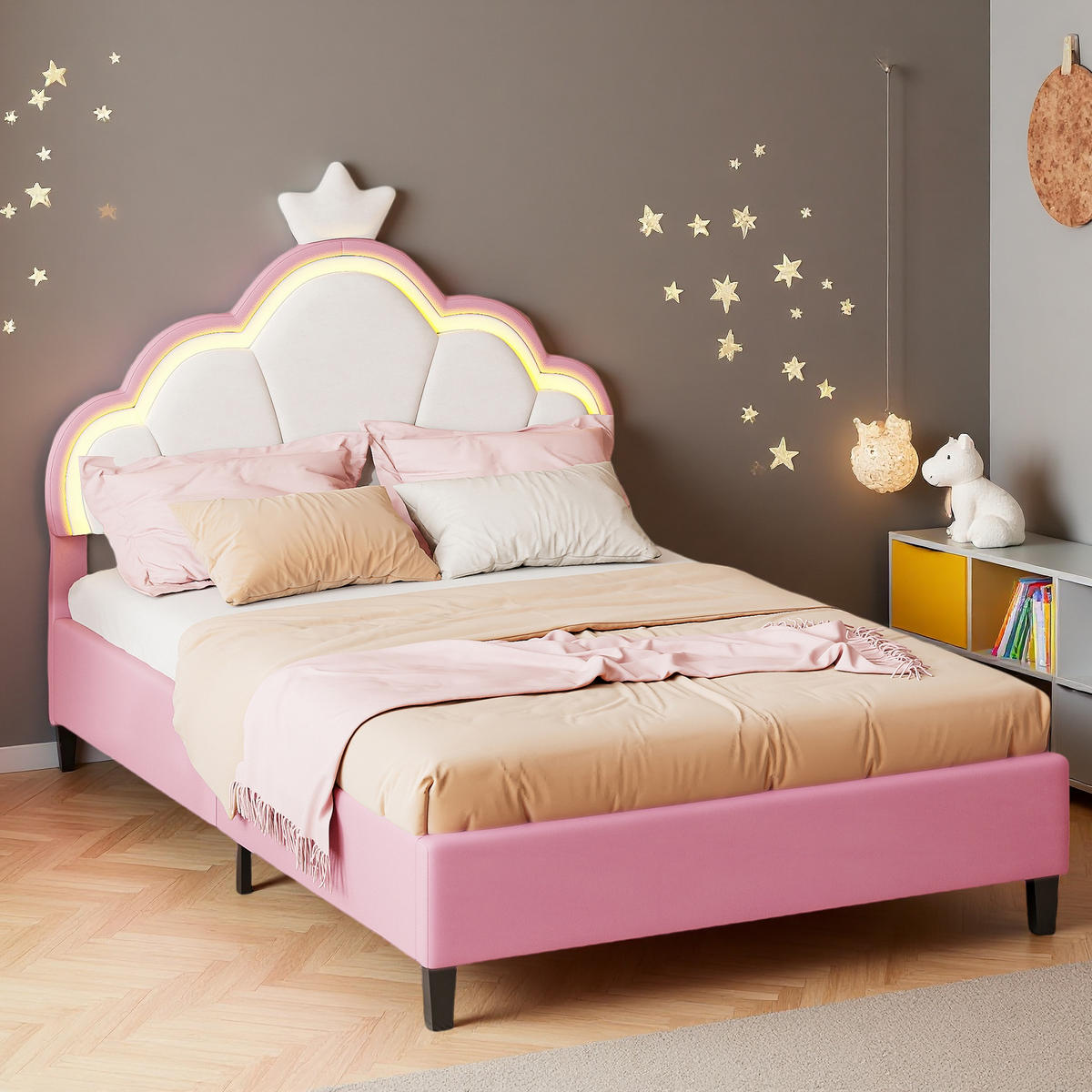 POLSTERBETT 140x200 cm Pink Weiß LED Krone Verstellbar - Pink, Holz (140/200cm) - SHOPENTRA