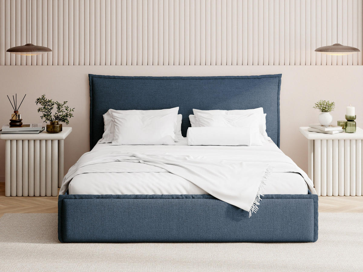 POLSTERBETT Pillow mit Bettkasten, Lattenrost & hohem Kopfteil in Dunkelblau Chenille 120x200 cm - Blau/Birkefarben, Holz/Kunststoff (120/200cm) - WFL GROUP