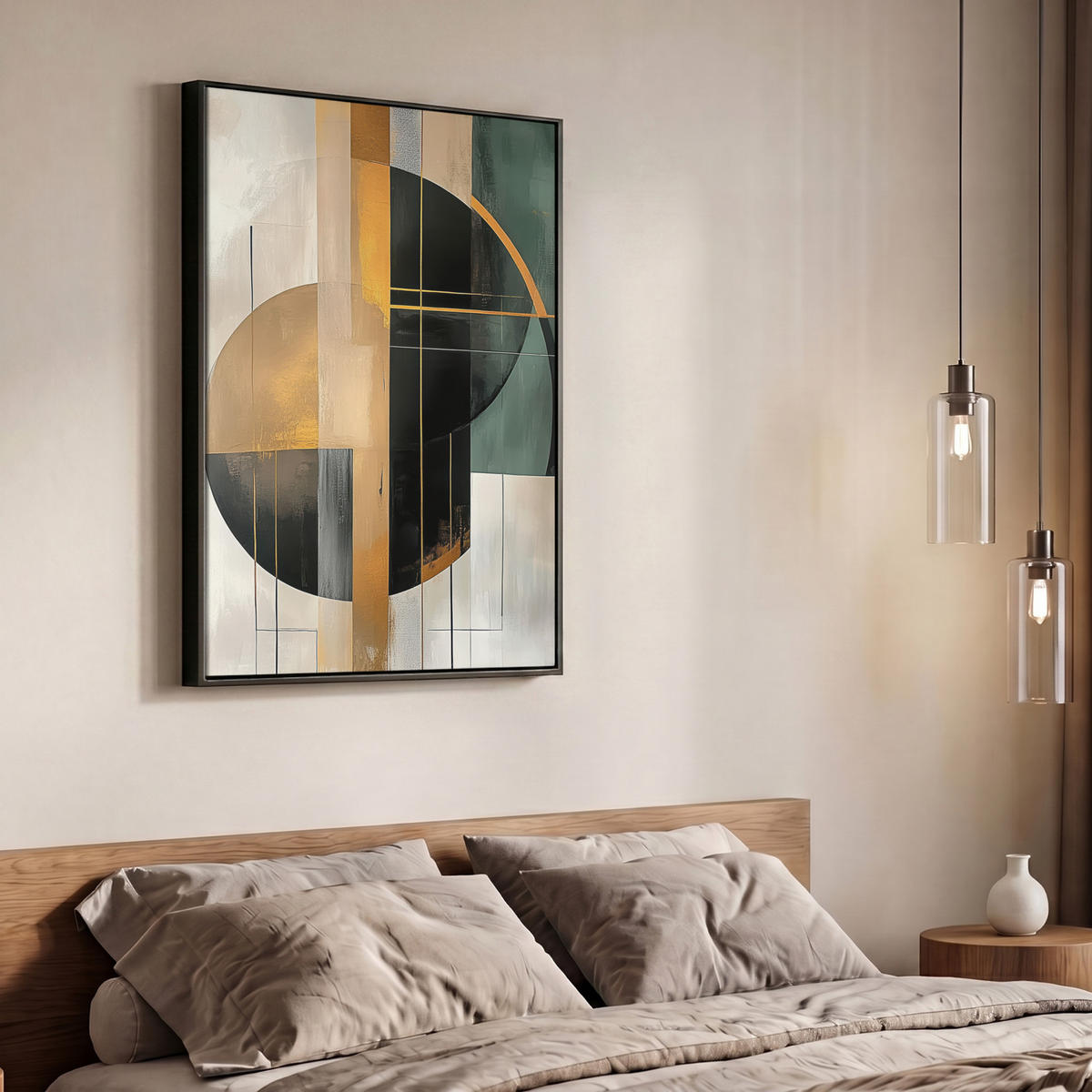 LEINWAND Bilder mit Rahmen - Abstrakt - Gold - Bronze - Grün - Formen - Modern - 70x100 - Multicolor, Textil (70/100cm) - MuchoWow