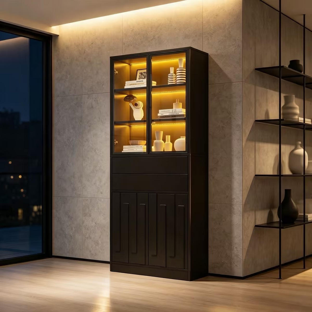 VITRINE 2er-Set 140x34x180 cm Schwarz LED Glastüren - Schwarz, Holzwerkstoff (140/180/34cm) - FLIEKS