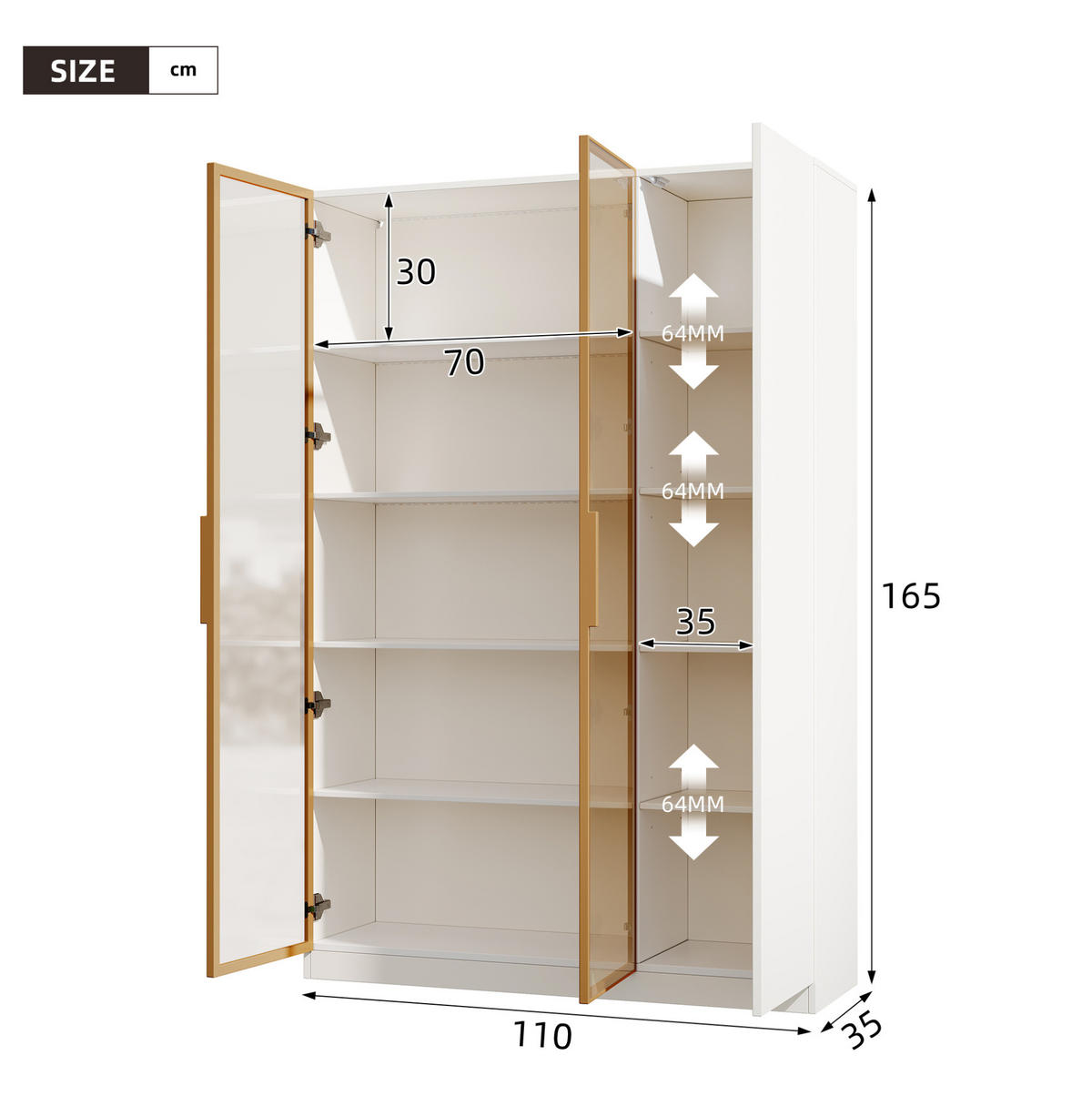 HIGHBOARD 110/35/165 cm in Weiß mit LED-Beleuchtung und Sicherheitsglas - Weiß, Holzwerkstoff (115/165/35cm) - Flora Grace