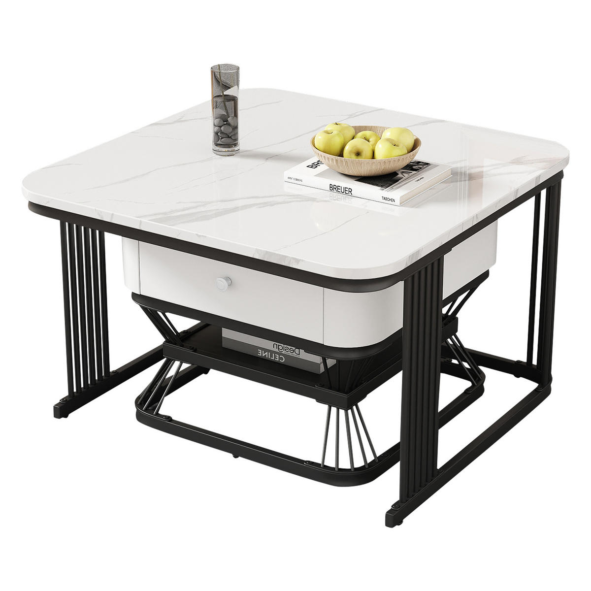 COUCHTISCH Set 70/70/45 cm und 50/50/40 cm Weiß + Schwarz mit 1 Schublade aus MDF und Metall - Weiß, Glas (70/70/45cm) - OKWISH