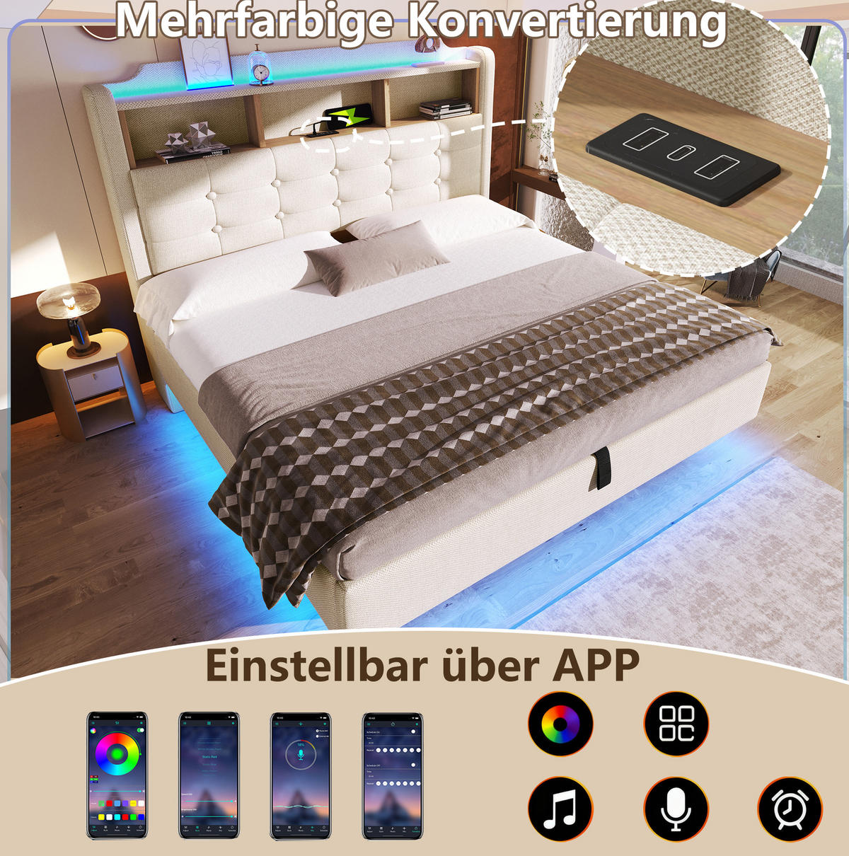 POLSTERBETT 140/200 cm Beige aus Leinen mit LED-Lichtleiste - Beige, Textil (140/200cm) - OKMYHOME