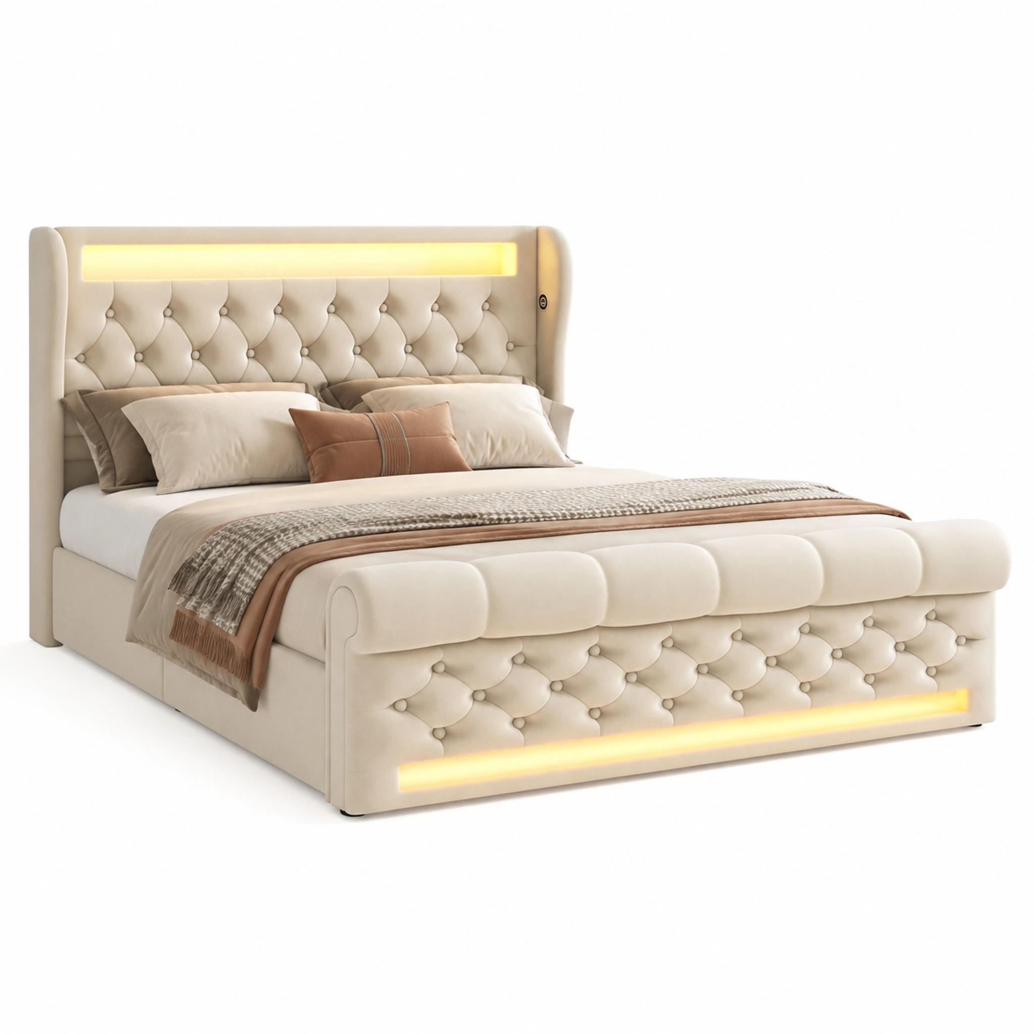 BETT mit LED und Stauraum 140x200 cm Samt Beige - Beige, Metall (140/200cm) - Meubliv