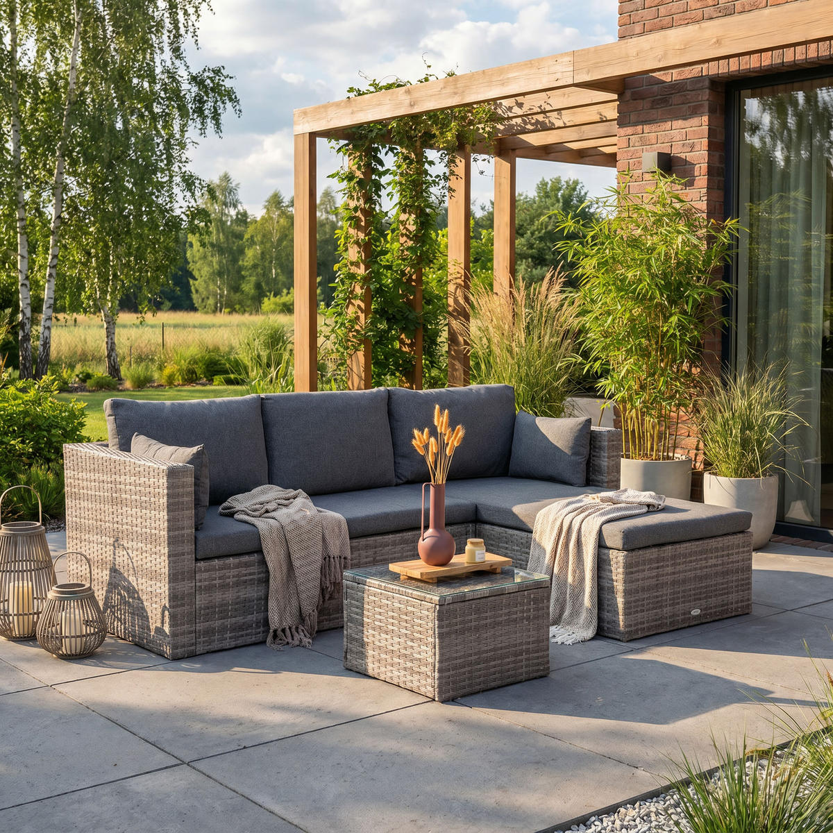 GARTENSET Sevilla, aus Technorattan, Ecksofa mit Couchtisch, Grau - Grau, Kunststoff - Beautysofa