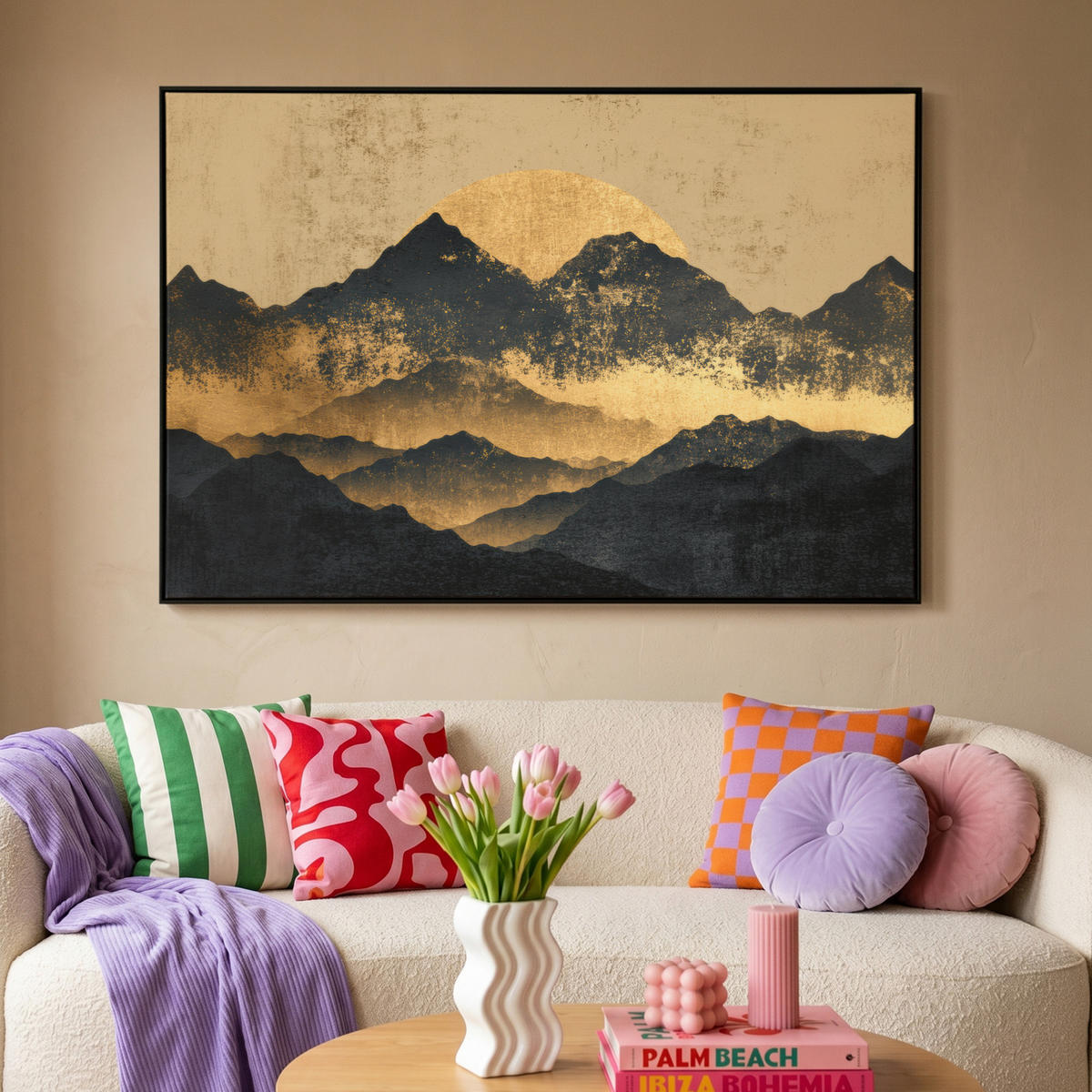 LEINWAND Bilder mit Rahmen - Goldene Berge bei Mondschein - 140x90 - Goldfarben, Textil (140/90cm) - MuchoWow