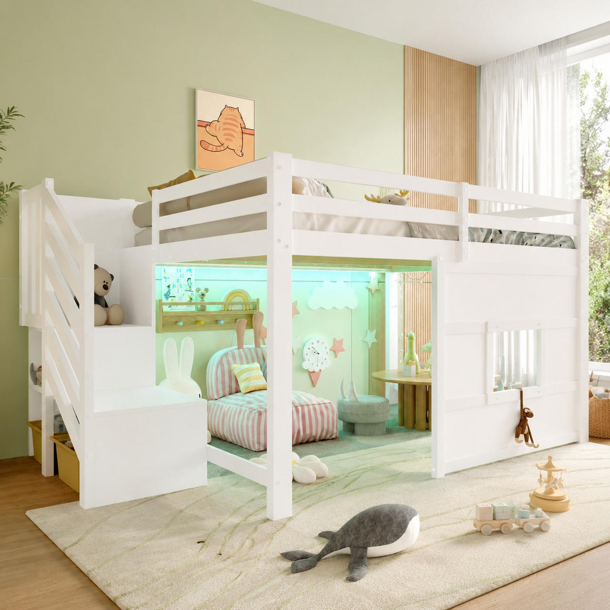 HOCHBETT 140/200 mit Stauraumtreppe, Fenster und LED in Weiß - Weiß, Holzwerkstoff (140/200cm) - EVRYAE