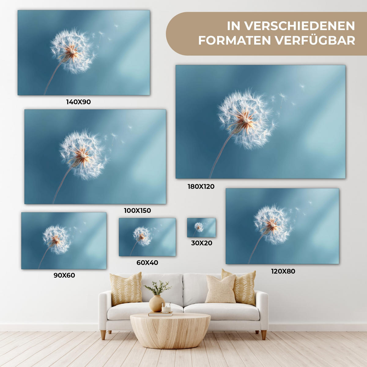 LEINWANDBILD Löwenzahn - Wind - Blau Wohnzimmer Groß 120x80 cm - Blaugrau, Textil (120/80cm) - MuchoWow