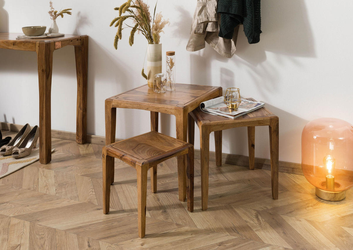 BEISTELLTISCH 3er-Set Sheesham 50x50 / 40x40 / 31,5 x34 braun lackiert ANCONA #112 - Braun, Holz (50/50/50cm) - Massivmoebel24