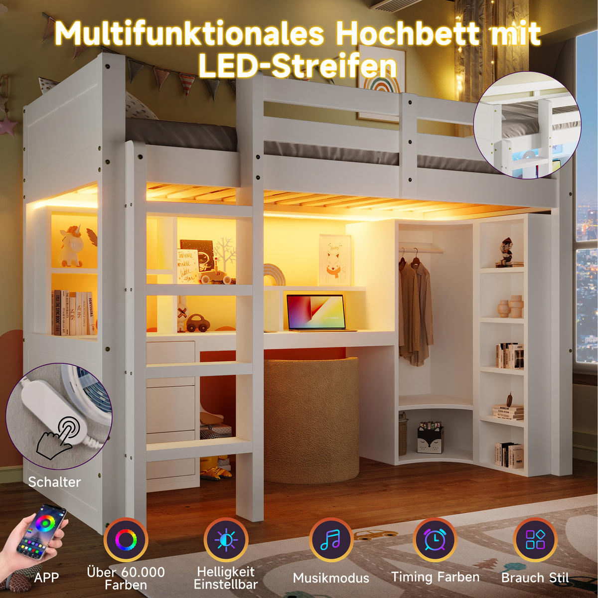 HOCHBETT 90/200 cm in Weiß mit LED-Beleuchtung, Schreibtisch und Kleiderschrank - Weiß, Holzwerkstoff (90/200cm) - Flora Grace