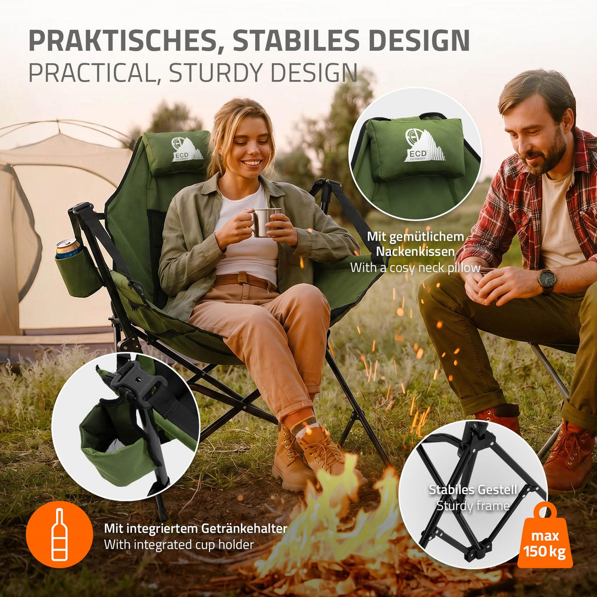 CAMPING-SCHAUKELSTUHL faltbar Khaki mit Stahlgestell 82x105x107 cm - Grün, Textil (105/107/82cm) - ECD-Germany